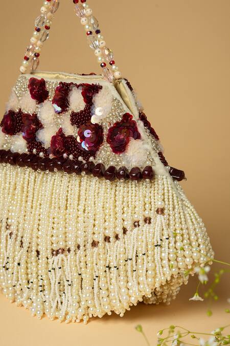 ClutcH'D_Ivory Embroidery, Pearls Embellished Handbag _Online_at_Aza_Fashions