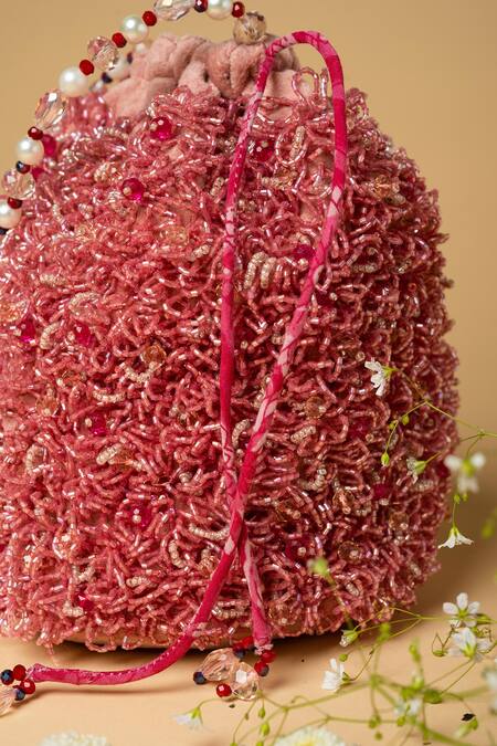 ClutcH'D_Pink Beads, Bows Japanese Embellished Potli Bag _Online_at_Aza_Fashions