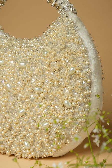 ClutcH'D_Ivory Crystals, Pearls Japanese Embellished Bag _Online_at_Aza_Fashions