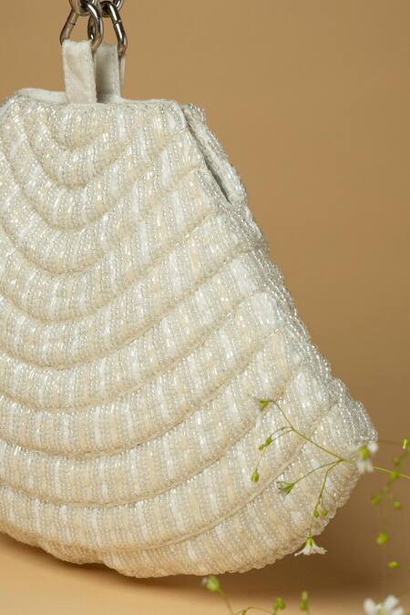 ClutcH'D_White Pearls, Crystals Embellished Bag _Online_at_Aza_Fashions