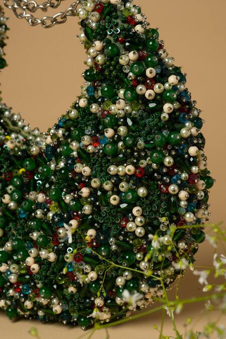 ClutcH'D_Green Embroidery Shell Embellished Bag _Online_at_Aza_Fashions