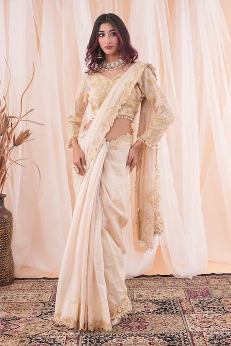 Farha Syed Ivory Handloom Soft Chanderi Tissue Cutdana And Border Saree With Blouse 