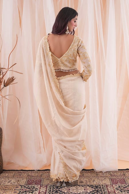 Farha Syed Ivory Chanderi, Taffeta Cut Cutdana And Embroidered Border Saree With Blouse Online at Aza Fashions Farha Syed_Ivory Chanderi, Taffeta Cut Cutdana And Embroidered Border Saree With Blouse _Online_at_Aza_Fashions