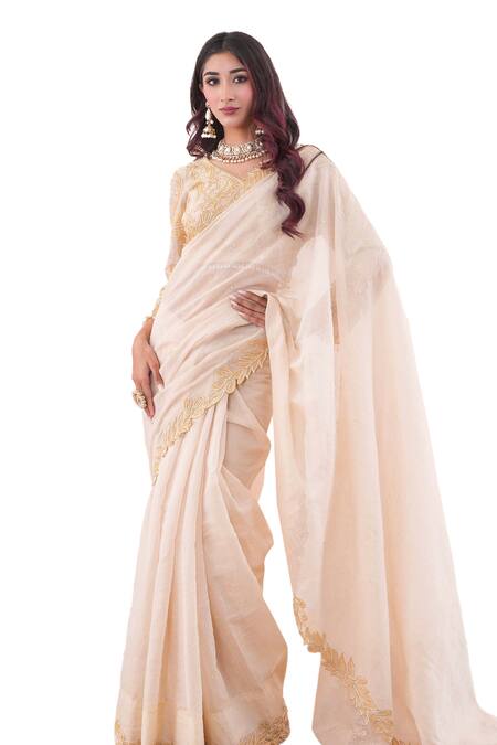 Buy Farha Syed Ivory Chanderi, Taffeta Cut Cutdana And Embroidered Border Saree With Blouse Online at Aza Fashions Buy_Farha Syed_Ivory Chanderi, Taffeta Cut Cutdana And Embroidered Border Saree With Blouse _Online_at_Aza_Fashions