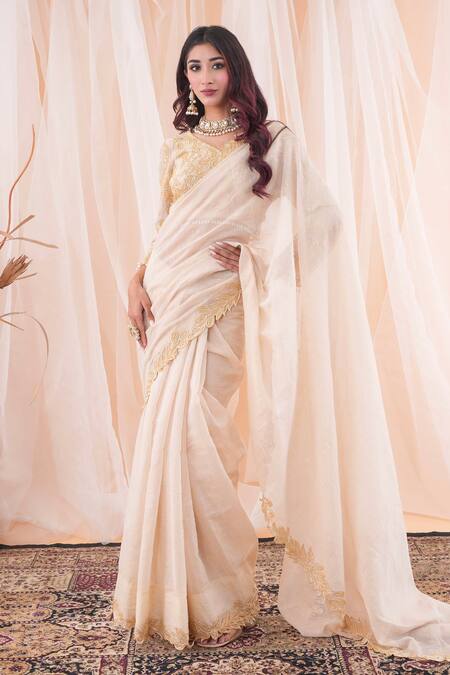 Shop Farha Syed Ivory Chanderi, Taffeta Cut Cutdana And Embroidered Border Saree With Blouse Online at Aza Fashions Shop_Farha Syed_Ivory Chanderi, Taffeta Cut Cutdana And Embroidered Border Saree With Blouse _Online_at_Aza_Fashions