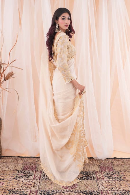 Farha Syed Ivory Chanderi, Taffeta Cut Cutdana And Embroidered Border Saree With Blouse at Aza Fashions Farha Syed_Ivory Chanderi, Taffeta Cut Cutdana And Embroidered Border Saree With Blouse _at_Aza_Fashions