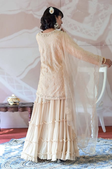 Farha Syed Ivory Chanderi, Tissue, Chiffon, Organza Cut Cutdana Kurta Tiered Sharara Set Online at Aza Fashions Farha Syed_Ivory Chanderi, Tissue, Chiffon, Organza Cut Cutdana Kurta Tiered Sharara Set _Online_at_Aza_Fashions
