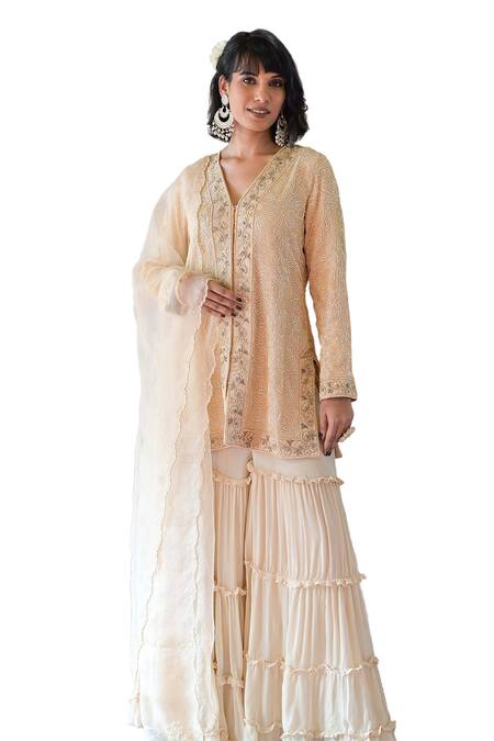Buy Farha Syed Ivory Chanderi, Tissue, Chiffon, Organza Cut Cutdana Kurta Tiered Sharara Set Online at Aza Fashions Buy_Farha Syed_Ivory Chanderi, Tissue, Chiffon, Organza Cut Cutdana Kurta Tiered Sharara Set _Online_at_Aza_Fashions