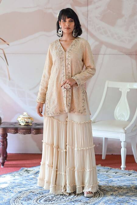 Shop Farha Syed Ivory Chanderi, Tissue, Chiffon, Organza Cut Cutdana Kurta Tiered Sharara Set Online at Aza Fashions Shop_Farha Syed_Ivory Chanderi, Tissue, Chiffon, Organza Cut Cutdana Kurta Tiered Sharara Set _Online_at_Aza_Fashions