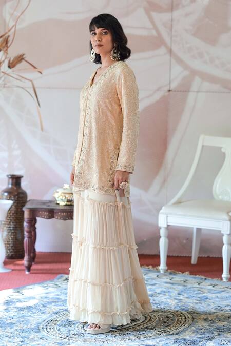 Farha Syed Ivory Chanderi, Tissue, Chiffon, Organza Cut Cutdana Kurta Tiered Sharara Set at Aza Fashions Farha Syed_Ivory Chanderi, Tissue, Chiffon, Organza Cut Cutdana Kurta Tiered Sharara Set _at_Aza_Fashions