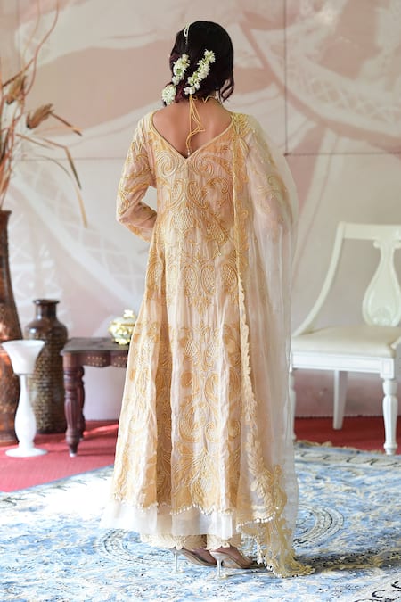 Farha Syed_Ivory Handloom Cotton, Muslin, Organza Cut Work, Applique Anarkali Pant Set _Online_at_Aza_Fashions