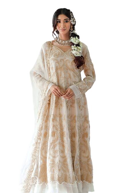 Buy_Farha Syed_Ivory Handloom Cotton, Muslin, Organza Cut Work, Applique Anarkali Pant Set _Online_at_Aza_Fashions