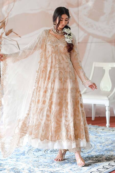 Shop_Farha Syed_Ivory Handloom Cotton, Muslin, Organza Cut Work, Applique Anarkali Pant Set _Online_at_Aza_Fashions