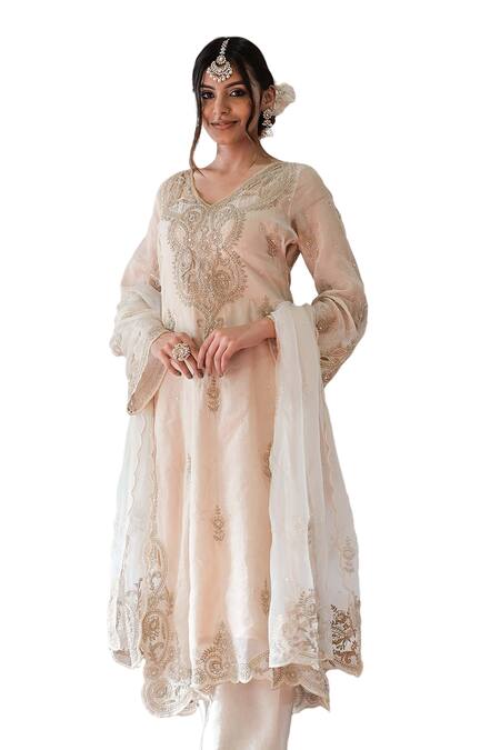 Buy Farha Syed Ivory Chanderi, Muslin, Organza Pearls, Cut And Cutdana Embroidered Kurta Pant Set Online at Aza Fashions Buy_Farha Syed_Ivory Chanderi, Muslin, Organza Pearls, Cut And Cutdana Embroidered Kurta Pant Set _Online_at_Aza_Fashions