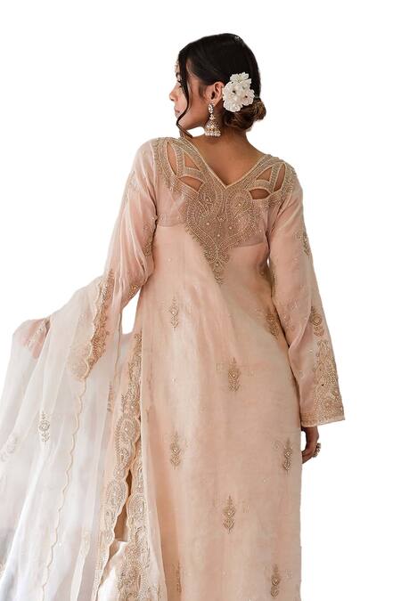 Buy Farha Syed Ivory Chanderi, Muslin, Organza Pearls, Cut And Cutdana Embroidered Kurta Pant Set Buy_Farha Syed_Ivory Chanderi, Muslin, Organza Pearls, Cut And Cutdana Embroidered Kurta Pant Set