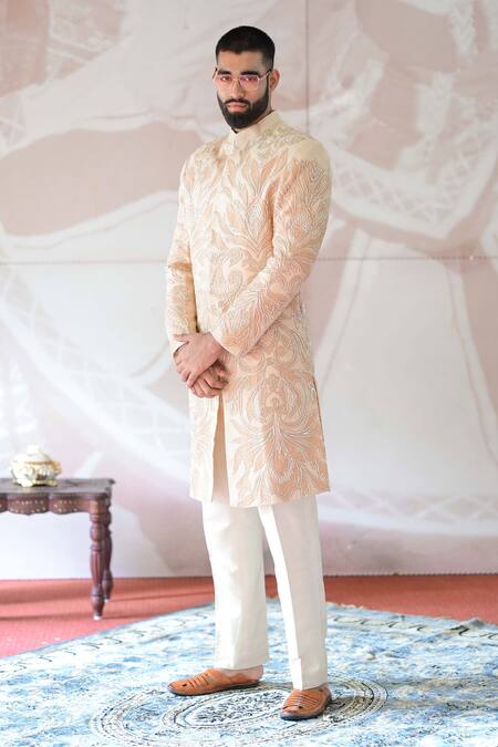 Buy Farha Syed Ivory Sherwani Handloom Soft Chanderi Tissue Embroidered And Cutdana & Pant Set Online at Aza Fashions Buy_Farha Syed_Ivory Sherwani Handloom Soft Chanderi Tissue Embroidered And Cutdana & Pant Set _Online_at_Aza_Fashions