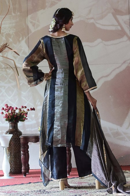 Farha Syed_Ivory Tissue, Silk, Maheshwari Sequins Embroidered Straight Kurta Palazzo Set _Online_at_Aza_Fashions