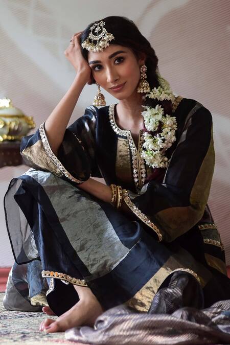 Buy_Farha Syed_Ivory Tissue, Silk, Maheshwari Sequins Embroidered Straight Kurta Palazzo Set _Online_at_Aza_Fashions