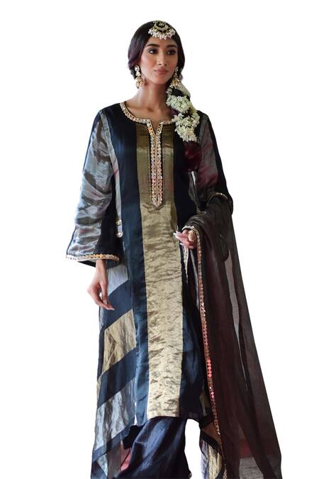 Shop_Farha Syed_Ivory Tissue, Silk, Maheshwari Sequins Embroidered Straight Kurta Palazzo Set _Online_at_Aza_Fashions