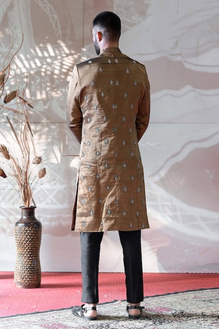 Farha Syed_Black Sherwani Tissue Embroidered Cutdana And Pant Set _Online_at_Aza_Fashions