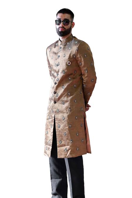 Buy_Farha Syed_Black Sherwani Tissue Embroidered Cutdana And Pant Set _Online_at_Aza_Fashions