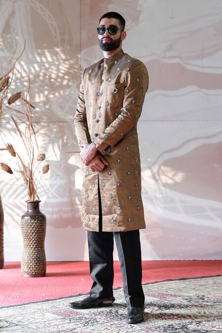 Shop_Farha Syed_Black Sherwani Tissue Embroidered Cutdana And Pant Set _Online_at_Aza_Fashions