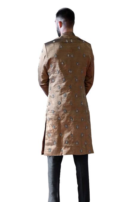 Farha Syed_Black Sherwani Tissue Embroidered Cutdana And Pant Set _at_Aza_Fashions