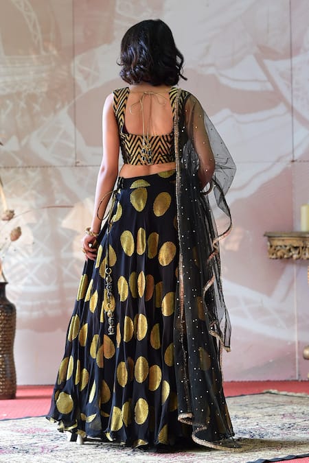 Farha Syed_Black Georgette, Brocade Embroidery, Cut Work Gold Circular Motif Lehenga Set _Online_at_Aza_Fashions