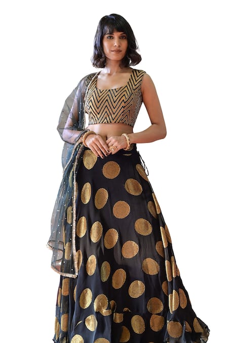 Buy Farha Syed Black Georgette, Brocade Embroidery, Cut Work Gold Circular Motif Lehenga Set Online at Aza Fashions Buy_Farha Syed_Black Georgette, Brocade Embroidery, Cut Work Gold Circular Motif Lehenga Set _Online_at_Aza_Fashions