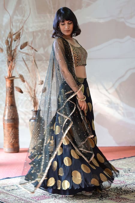 Shop Farha Syed Black Georgette, Brocade Embroidery, Cut Work Gold Circular Motif Lehenga Set Online at Aza Fashions Shop_Farha Syed_Black Georgette, Brocade Embroidery, Cut Work Gold Circular Motif Lehenga Set _Online_at_Aza_Fashions
