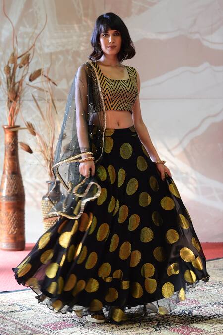 Farha Syed_Black Georgette, Brocade Embroidery, Cut Work Gold Circular Motif Lehenga Set _at_Aza_Fashions
