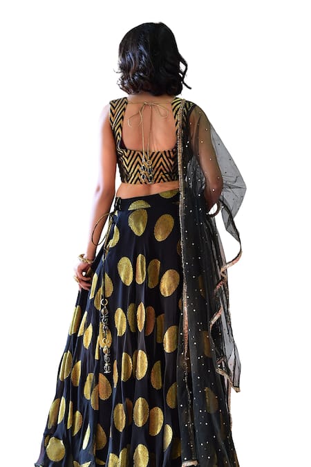 Buy Farha Syed Black Georgette, Brocade Embroidery, Cut Work Gold Circular Motif Lehenga Set Buy_Farha Syed_Black Georgette, Brocade Embroidery, Cut Work Gold Circular Motif Lehenga Set