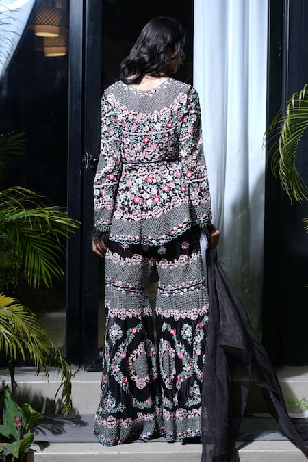 Farha Syed_Black Organza, Silk Cut Work, Embroidery, Resham Peplum Top Sharara Set _Online_at_Aza_Fashions