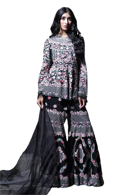 Buy_Farha Syed_Black Organza, Silk Cut Work, Embroidery, Resham Peplum Top Sharara Set _Online_at_Aza_Fashions