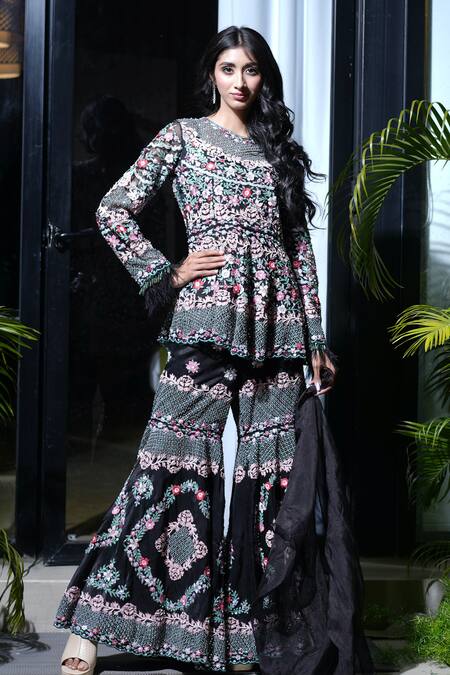 Shop_Farha Syed_Black Organza, Silk Cut Work, Embroidery, Resham Peplum Top Sharara Set _Online_at_Aza_Fashions