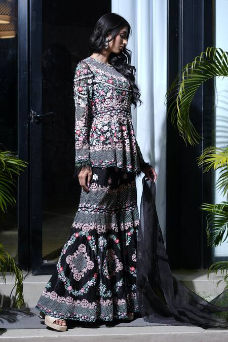 Farha Syed_Black Organza, Silk Cut Work, Embroidery, Resham Peplum Top Sharara Set _at_Aza_Fashions