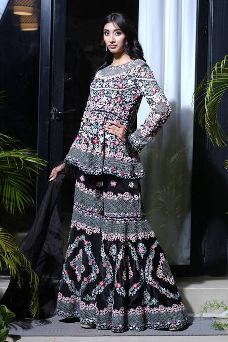Buy_Farha Syed_Black Organza, Silk Cut Work, Embroidery, Resham Peplum Top Sharara Set 