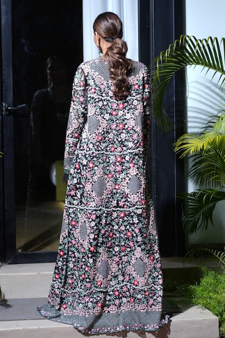 Farha Syed_Black Modal, Organza Cut Work, Pearls, Resham Draped Gown With Jacket _Online_at_Aza_Fashions