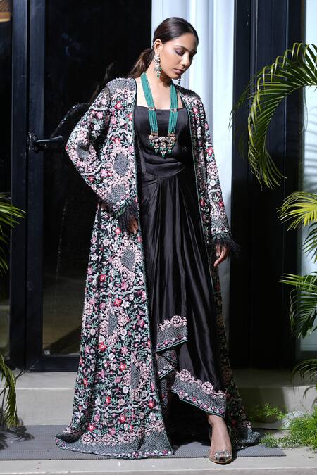 Buy_Farha Syed_Black Modal, Organza Cut Work, Pearls, Resham Draped Gown With Jacket _Online_at_Aza_Fashions
