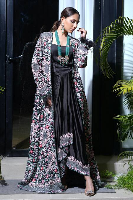Shop_Farha Syed_Black Modal, Organza Cut Work, Pearls, Resham Draped Gown With Jacket _Online_at_Aza_Fashions