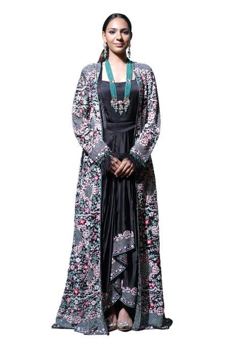 Farha Syed_Black Modal, Organza Cut Work, Pearls, Resham Draped Gown With Jacket _at_Aza_Fashions