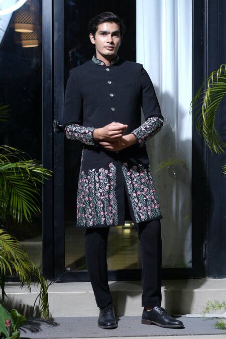 Farha Syed Black Silk Embroidered Resham Floral Sherwani And Pant Set 