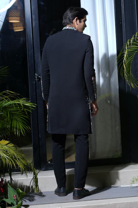 Farha Syed Black Silk Embroidered Resham Floral Sherwani And Pant Set Online at Aza Fashions Farha Syed_Black Silk Embroidered Resham Floral Sherwani And Pant Set _Online_at_Aza_Fashions