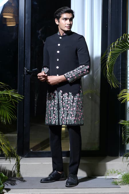 Buy Farha Syed Black Silk Embroidered Resham Floral Sherwani And Pant Set Online at Aza Fashions Buy_Farha Syed_Black Silk Embroidered Resham Floral Sherwani And Pant Set _Online_at_Aza_Fashions