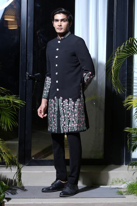 Shop_Farha Syed_Black Silk Embroidered Resham Floral Sherwani And Pant Set _Online_at_Aza_Fashions