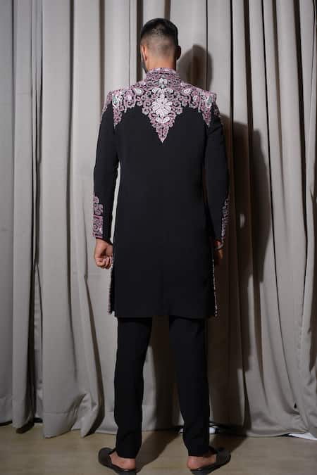 Farha Syed_Black Silk Embroidered Resham Floral Bloom Sherwani And Pant Set _Online_at_Aza_Fashions