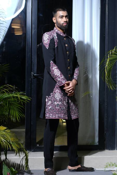 Buy_Farha Syed_Black Silk Embroidered Resham Floral Bloom Sherwani And Pant Set _Online_at_Aza_Fashions