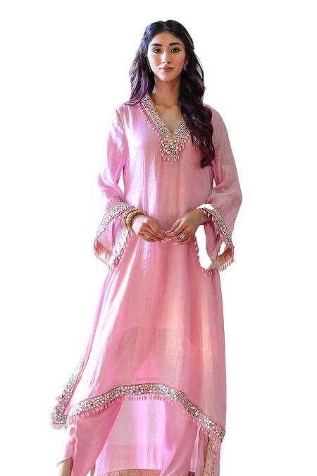 Buy Farha Syed Pink Chanderi, Modal, Silk High Low Embroidered Kaftan Kurta Dhoti Pant Set Online at Aza Fashions Buy_Farha Syed_Pink Chanderi, Modal, Silk High Low Embroidered Kaftan Kurta Dhoti Pant Set _Online_at_Aza_Fashions