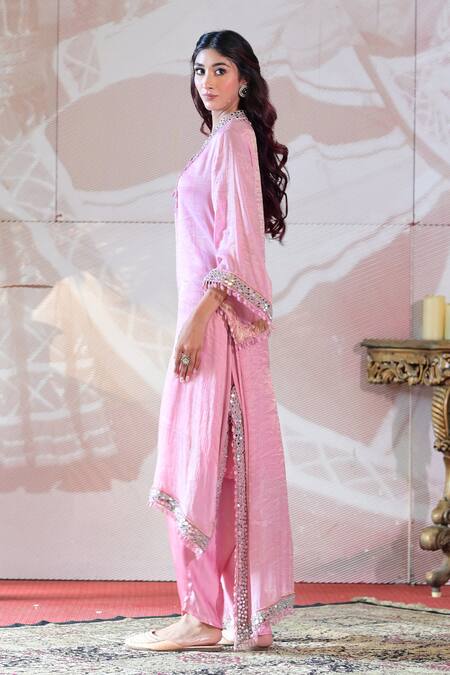 Farha Syed_Pink Chanderi, Modal, Silk High Low Embroidered Kaftan Kurta Dhoti Pant Set _at_Aza_Fashions