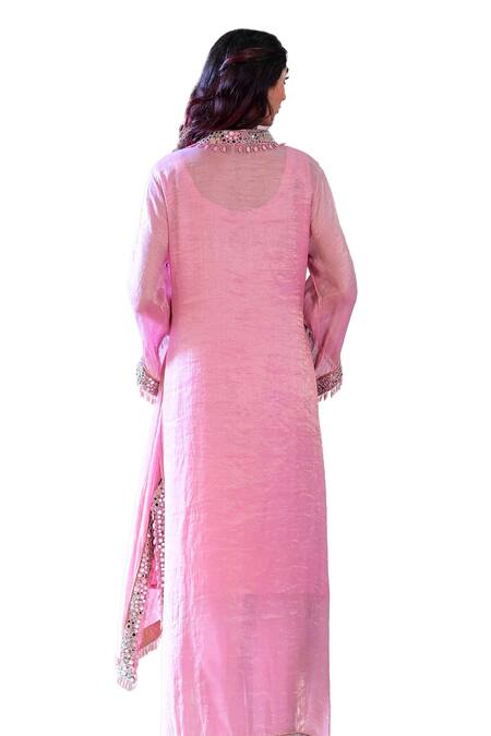 Buy Farha Syed Pink Chanderi, Modal, Silk High Low Embroidered Kaftan Kurta Dhoti Pant Set Buy_Farha Syed_Pink Chanderi, Modal, Silk High Low Embroidered Kaftan Kurta Dhoti Pant Set